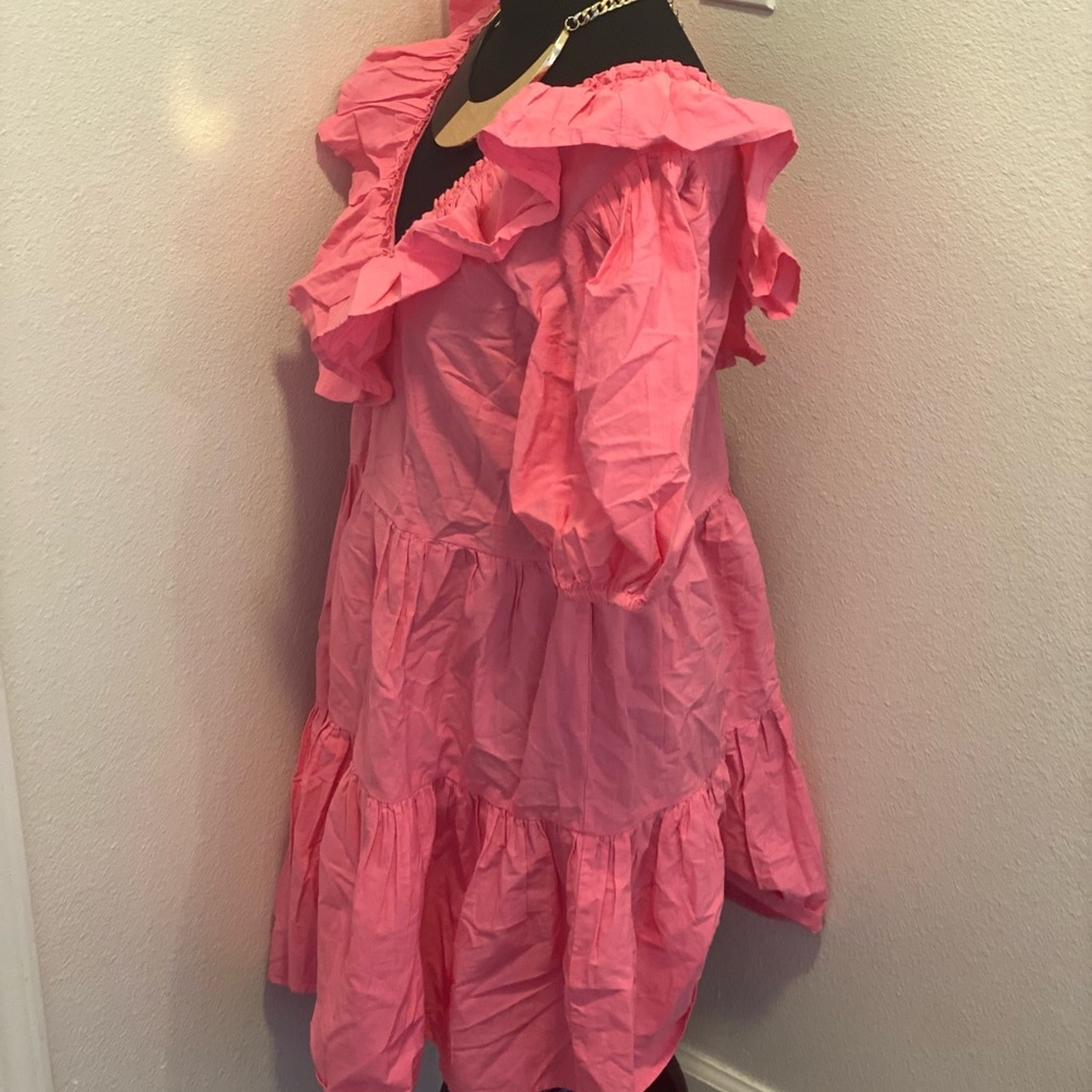 Miss Selfridge Asos Dress Pink Fit Flare Ruffled Puff Sleeve BARBIECORE 8 NEW - Picture 2 of 5
